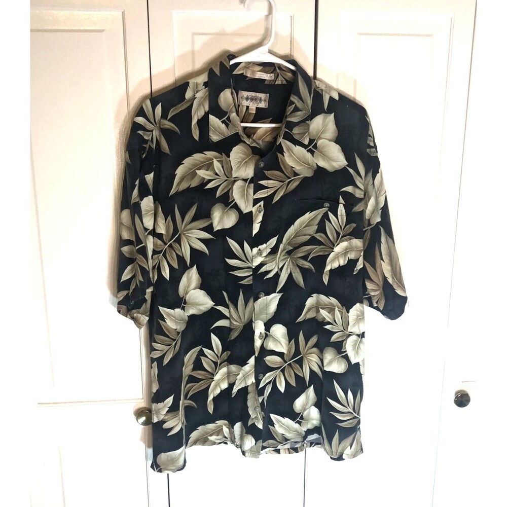 Vintage CODA Hawaiian Shirt Mens XL 100% Rayon Black Beige Leaf Tropical Aloha